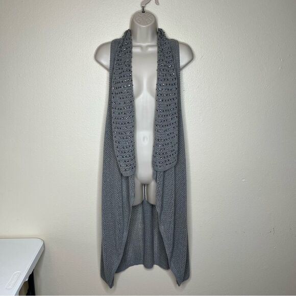 Lane Bryant Gray Duster Vest Waterfall Neck Sequin Beads Open Weave Women 14/16 - Picture 11 of 11